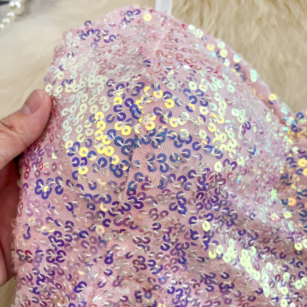 Sexy Sequin Party spaghetti Croset Bustier backless Slim Tanks and Camis Strap Glitter Crop Top Fashion Summer Women Clothes Y2k