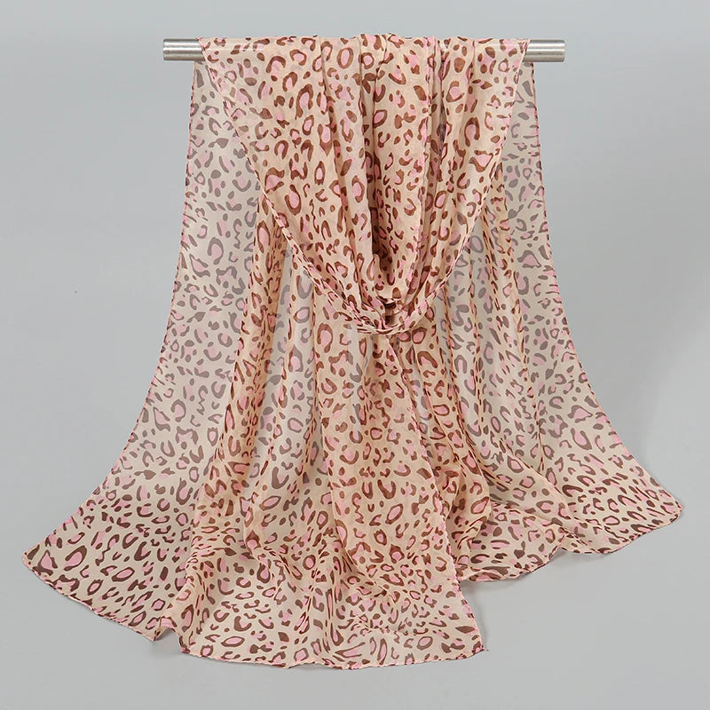 Leopard Print Chiffon Scarf Shawl Women Sunscreen Silk Scarf Turban Long Wrap Beach Travel Outdoor Accessories Trendy Headband