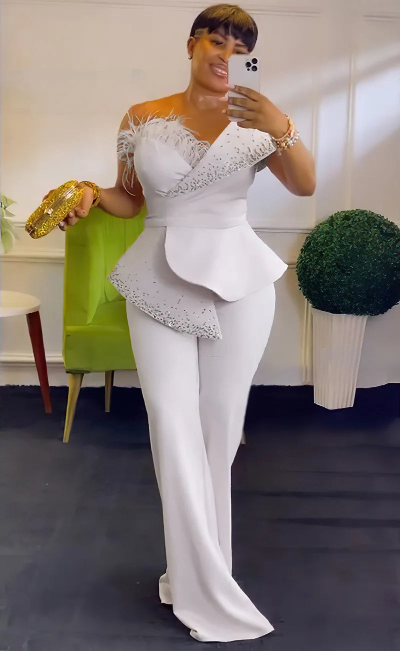 Women Jumpsuit One Shoulder Feather Diamond Peplum Party Fashion Female One Piece African Event Occasion Rompers New Summer 2024