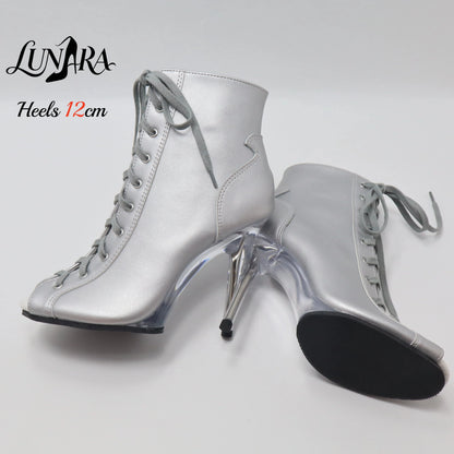 12cm/5Inch Plus size Beige PU Leather Lace-up Side zipper Peep toe High Stilettos Ankle boot Pole dancing Nightclub Rave Parties