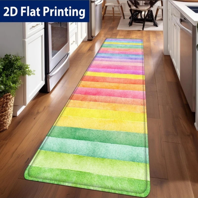 Watercolor Rainbow Stripe Kitchen Runner Rug, Non-Slip Washable Durable Mat for Kitchen, Laundry Room & Entryway