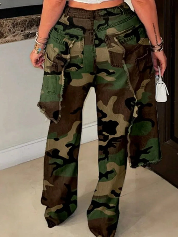 Women High Waist Camouflage Pants Hole Straight Pants Long Jeans Casual Trendy Trousers 2025 Autumn Winter New Denim Trousers