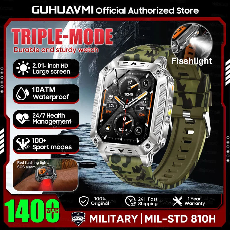 2026 New Military outdoor 1400mAh Battery SmartWatch Men Waterproof Call 2.01" HD AMOLED Sports Heart rate Flashlight Smart Band