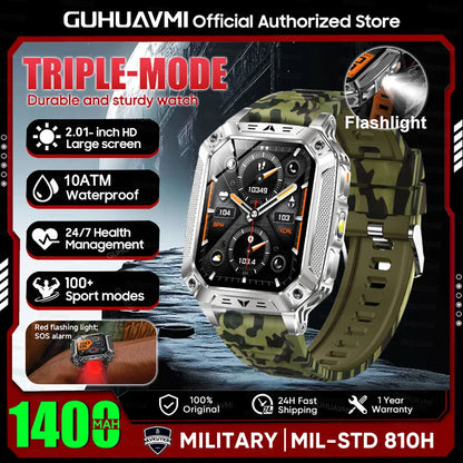 2026 New Military outdoor 1400mAh Battery SmartWatch Men Waterproof Call 2.01" HD AMOLED Sports Heart rate Flashlight Smart Band