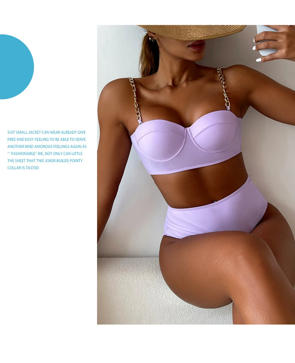 Push Up Bikini Hard Wrap Top Underwire Chain Shoulder Straps High Waist Bottom Swimwear Women Solid Swimming Beach Bathing Suit