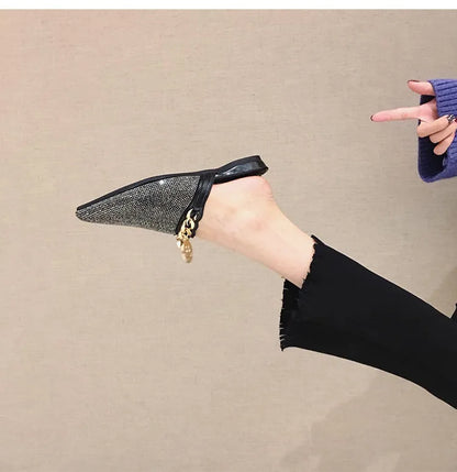 2025 New Summer Shoes for Women Luxury Slipper Girl Bling Crystal Chain Casual Flat Sandals Girl Pointed Toe Slides