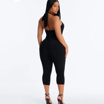 Sexy Lace Patchwork Bodycon Rompers Woman Jumpsuit Bandage Halter Sleeveless Backless Ruched Skinny Night Club Outfits Birthday