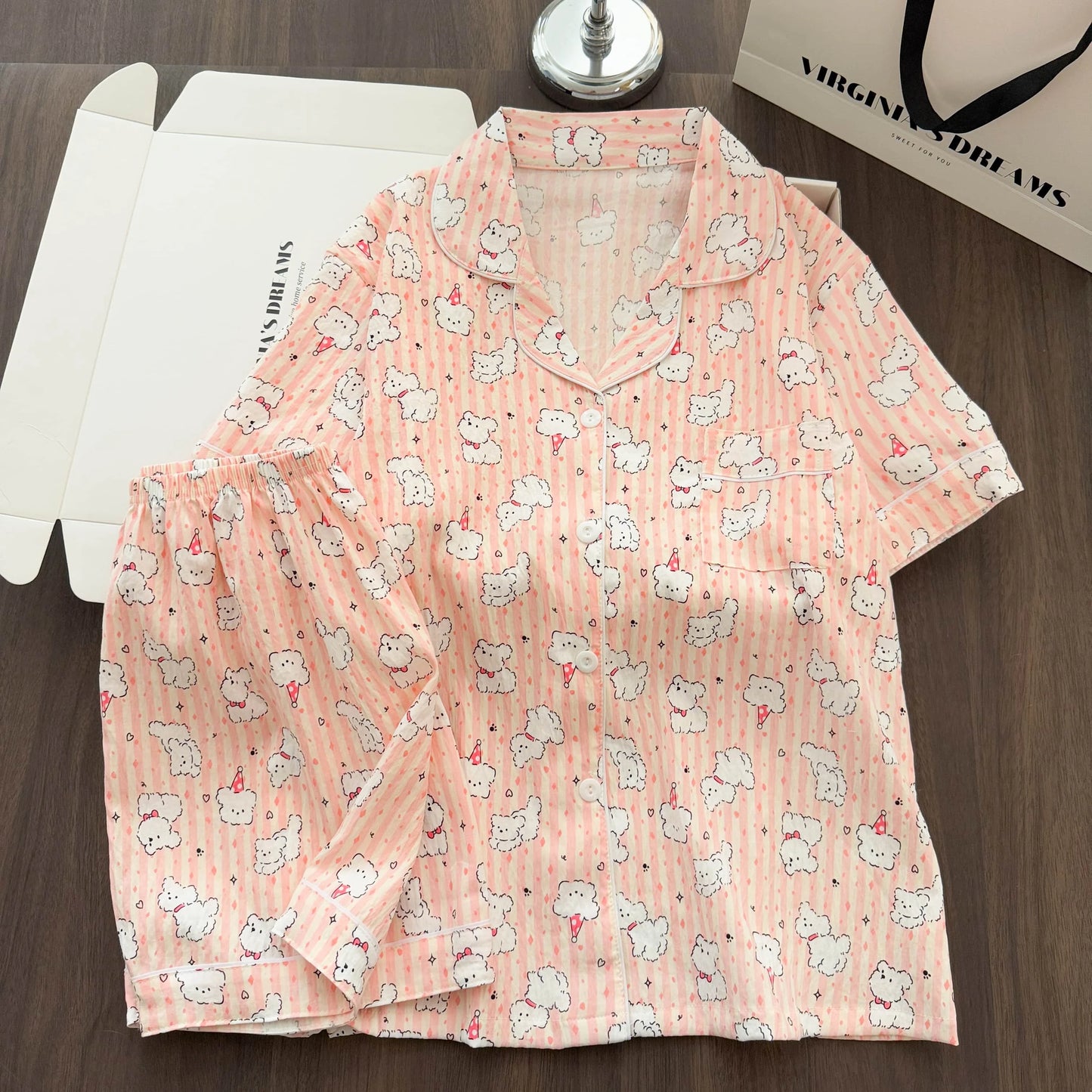 Women Summer Lapel Open Front Pajama Set Short Sleeve Top Shorts, Sweet Ins Teen Loungewear, Casual Daily Outdoor Home Wear Suit