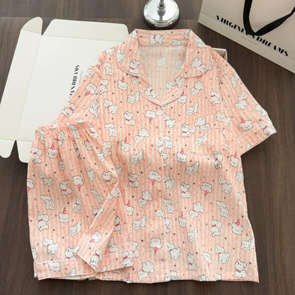 Women Summer Lapel Open Front Pajama Set Short Sleeve Top Shorts, Sweet Ins Teen Loungewear, Casual Daily Outdoor Home Wear Suit