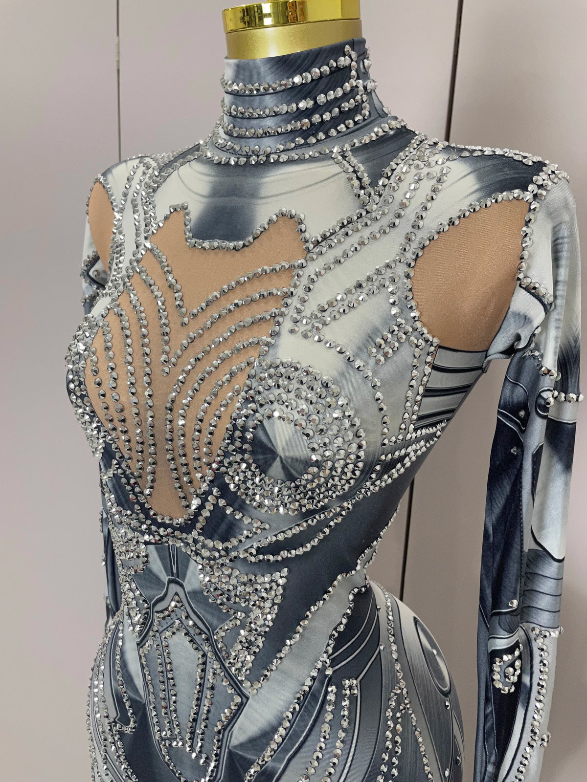 2025 New Trendy Women Sexy Rhinestones Printed Skinny Jumpsuit High Street Performance Dance Costume Bar Club Show Stage Wear