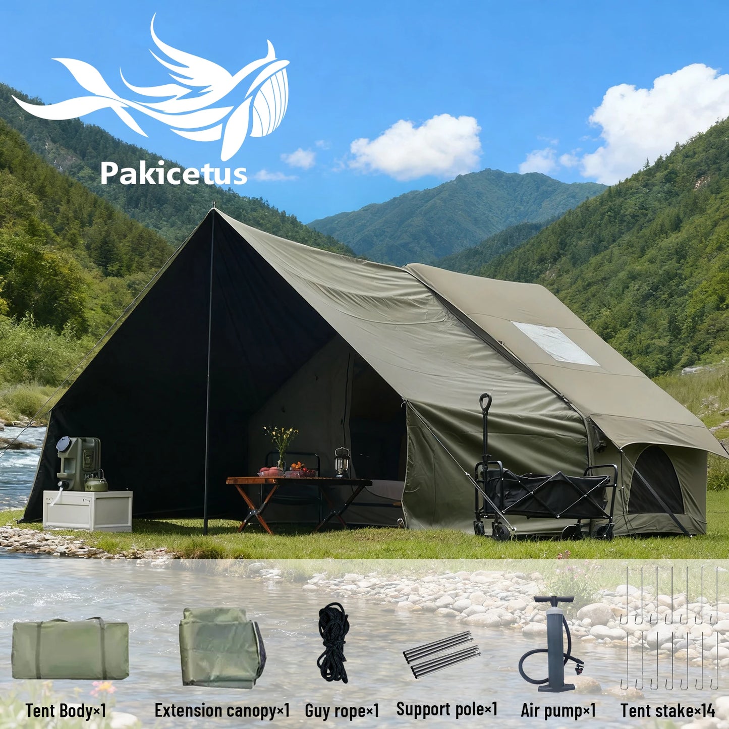 PAKICETUS Luxury Inflatable Camping Tent with Skylight Quick Setup Blow Up Tent with Air Pump 4-6 Persons Large Family Portable Outdoor Tent for Camping Hiking Backyard