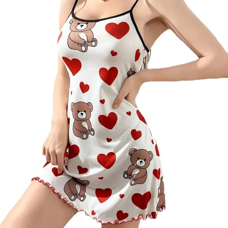 Summer Cute Teddy Bear Hearts Printed Nightgowns Women Sleeveless Ruffled Hem Sleep Dress Loungewear Sleepwear Sleeping dress