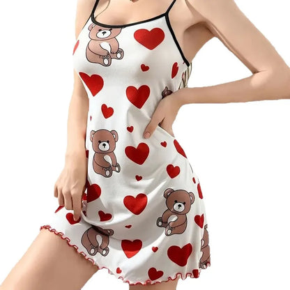 Summer Cute Teddy Bear Hearts Printed Nightgowns Women Sleeveless Ruffled Hem Sleep Dress Loungewear Sleepwear Sleeping dress