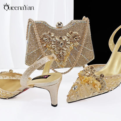 Queena Yan Elegant Mature Style Colorful Rhinestone Decoration Design Gold Party Wedding Pointed Toe Lady High Heels and Bag Set
