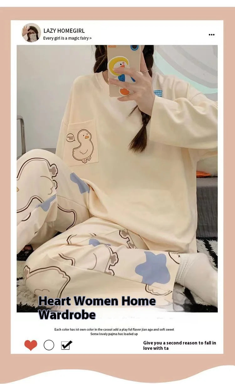 Spring and Autumn New Women's Pajamas Homewear Suit Girls Thin Section Long-Sleeved Students Big Yards Cartoon Loose Pajamas