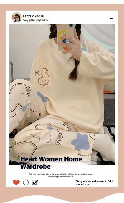 Spring and Autumn New Women's Pajamas Homewear Suit Girls Thin Section Long-Sleeved Students Big Yards Cartoon Loose Pajamas