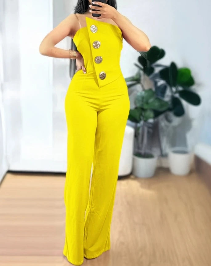 Jumpsuit Women Spring Fashion Rhinestone Fishnet Patch Sexy Plain Asymmetrical Neck Long Sleeve Skinny Daily Flared Leg Jumpsuit