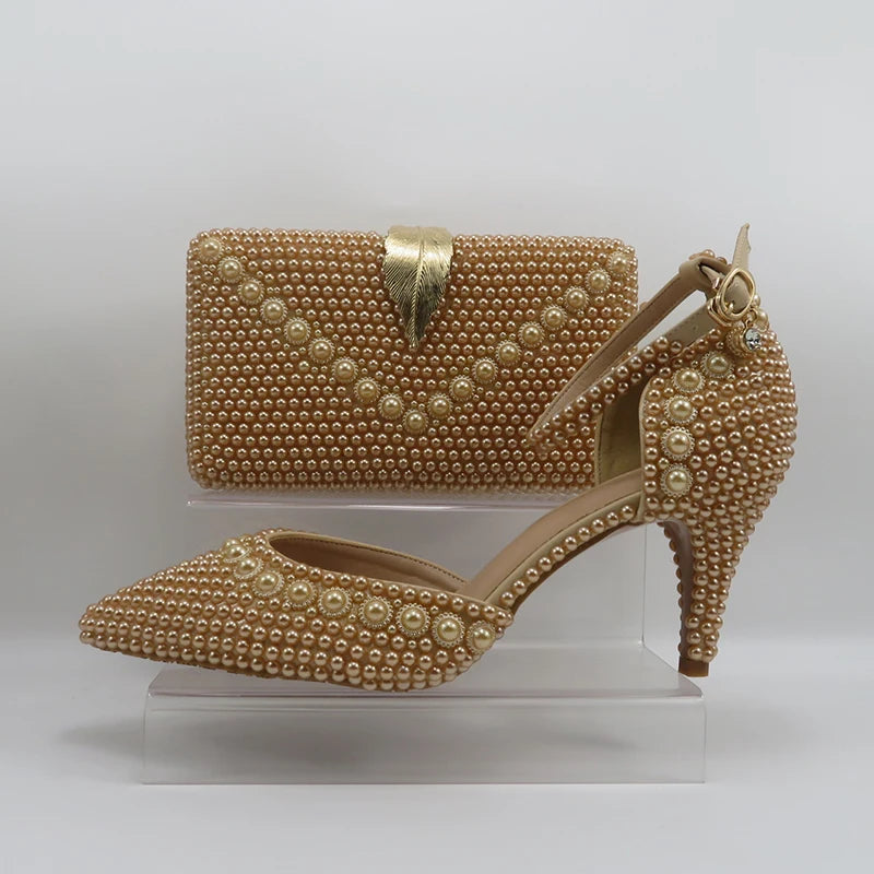 Champagne Pearl Wedding Bridal Shoes Woman Fashion Thin Heel Party Dress Shoe Lace-up Pointed Toe High Handmade Ankle Strap Shoe