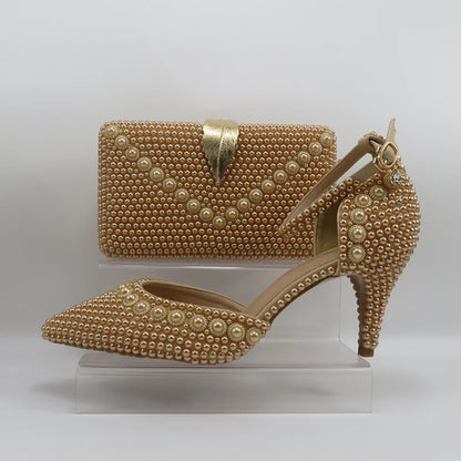 Champagne Pearl Wedding Bridal Shoes Woman Fashion Thin Heel Party Dress Shoe Lace-up Pointed Toe High Handmade Ankle Strap Shoe