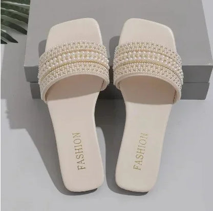 Women's Flat Bottom Sandals 2025 Summer New Style Beaded Rhinestone Shoes Womens Outdoor Fashion Slippers