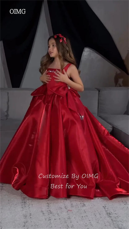OIMG Red Beaded Christmas A Line Flower Girl Dresses Bow Long Tail Wedding Party Dress Floor Length Birthday Dress Customized