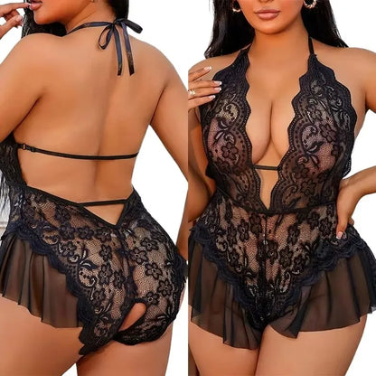 Erotic Crotchless Bodysuit Porn Pajamas 3XL Plus Size Sexy Lace Curve Women's Lingerie Exotic Transparent Open Backless Costumes