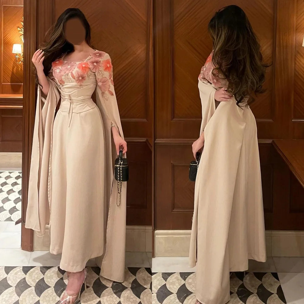 Customized Intricate Matching Jersey Sash Flower Beading Pleat Straight Square Neck Midi Dresses Bespoke Occasion Dresses Retro