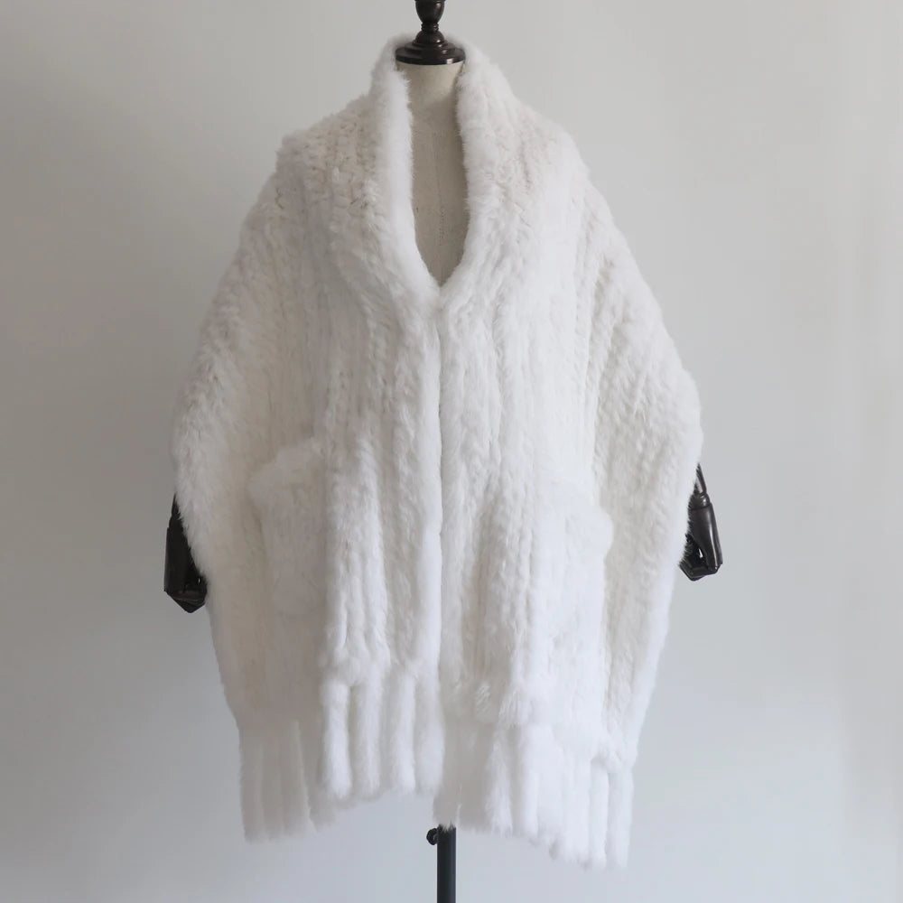 Winter Women Fashion Real Rabbit Fur Shawl 100% Natural Quality Rabbit Fur Scarf Female Hand Knitted Rabbit Fur Poncho Scarves