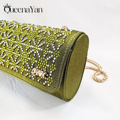 Queena Yan Popularity Olive Color Rhinestone Decoration Design Peep Toe Party Wedding Women High Heels and Bag Set