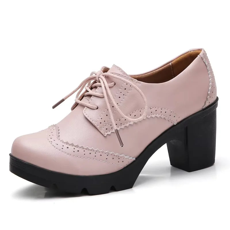 EOFK Women Brogue Shoes New Quaity High Square Heel Derby Genuine Leather High Heels Wedge Shoes Woman Female Shoes Pumps Casual