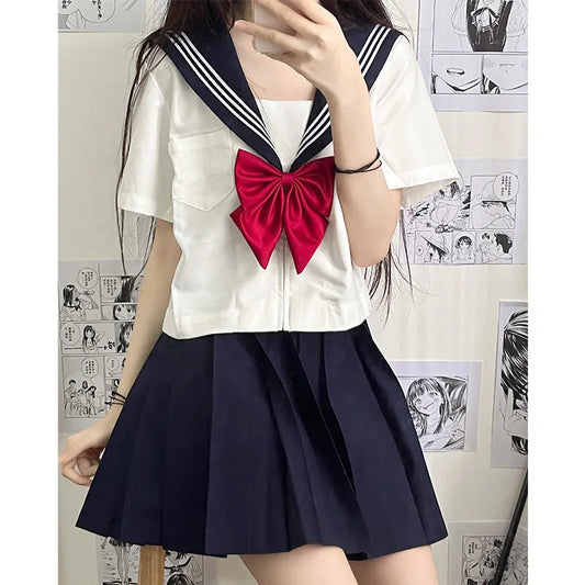 New Japanese School Uniform Girl Jk Suit Sexy Spring and Autumn Red Tie White Three Basic Sailor Uniform Women Long Sleeve Suit