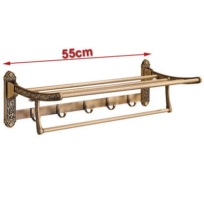 Aluminum Foldable Antique Brass Bath Towel Rack Active Bathroom Towel Holder Double Towel Shelf With Hooks Bathroom Accessories