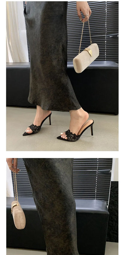 Luxury Lace Crochet Mule Slipper Woman Brand Design Point Toe High Heel Slide Sandal Ladies Elegant Evening Party Stiletto Shoes