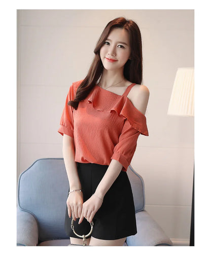 Women's Shirt Tops One-Shoulder Ruffles Short-sleeved Chiffon Blouse