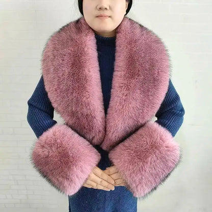 Large Women Faux Fox Fur Scarf Winter Jackets Warm Fluffy Shawl Fashion Artificial Fur Collar And Cuff Set Fluffy Scarves Female