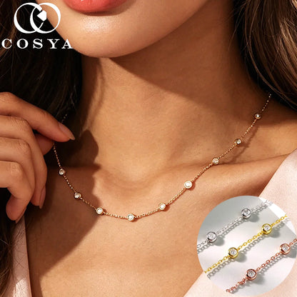 COSYA 2cttw 3mm Moissanite Necklace for Women S925 Silver Plated 18K GoldD Color Bezel Bubble Choker Chain Fine Jewelry Gift