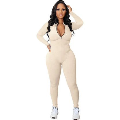 Black Jumpsuit Women 2025 Ribbed Zip Up Athletic Jumpsuit Ultimate Blend of Fashion Long Sleeve Zip V Neck Long Rompers Bodysuit