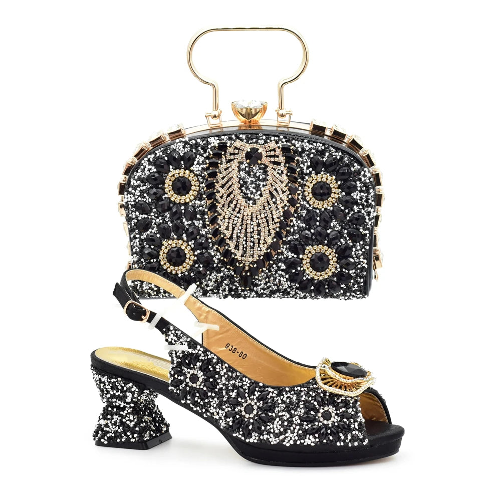 Italian Shoes and Bags Matching Set with Rhinestone Nigerian Women Shoes and Bag Set with Appliques Full Crystal for Dress