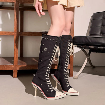 2026 Fashion Trendy Pointed Toe High Heel Women's Knee High Boots New Printed Rivet Decor Lace Up Design Casual Women Shoes