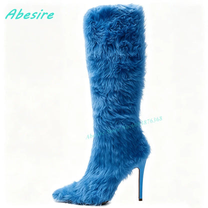 White Faux Fluffy Fur Knee High Boots Pointed Toe Stiletto Heels Side Zipper Women's Boots Spicy Girls Fashion Show Winter Shoes