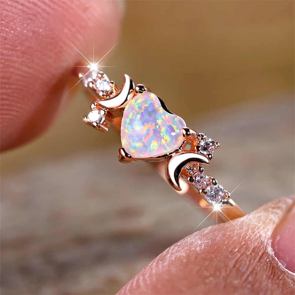 White Fire Opal Love Heart Stone Rings For Women Rose Gold Silver Color Wedding Band Bridal Engagement Jewelry Mother's Day Gift