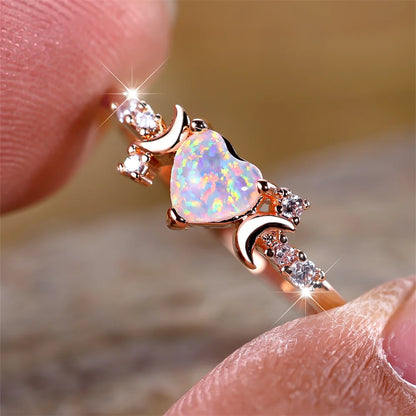 White Fire Opal Love Heart Stone Rings For Women Rose Gold Silver Color Wedding Band Bridal Engagement Jewelry Mother's Day Gift
