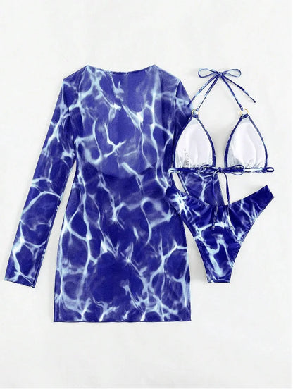 3 Piece Bikini Set Women Swimsuit Halter Cutout Metal Ring Mesh Cover Up Beach Dress Swimwear Bathing Suit