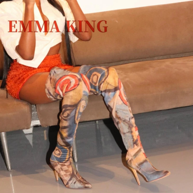 Women's Art Print Thigh High Boots Pointed Toe Stiletto Heel Over The Knee Boots Stretch Fabric Thin Heeled Boots for Party