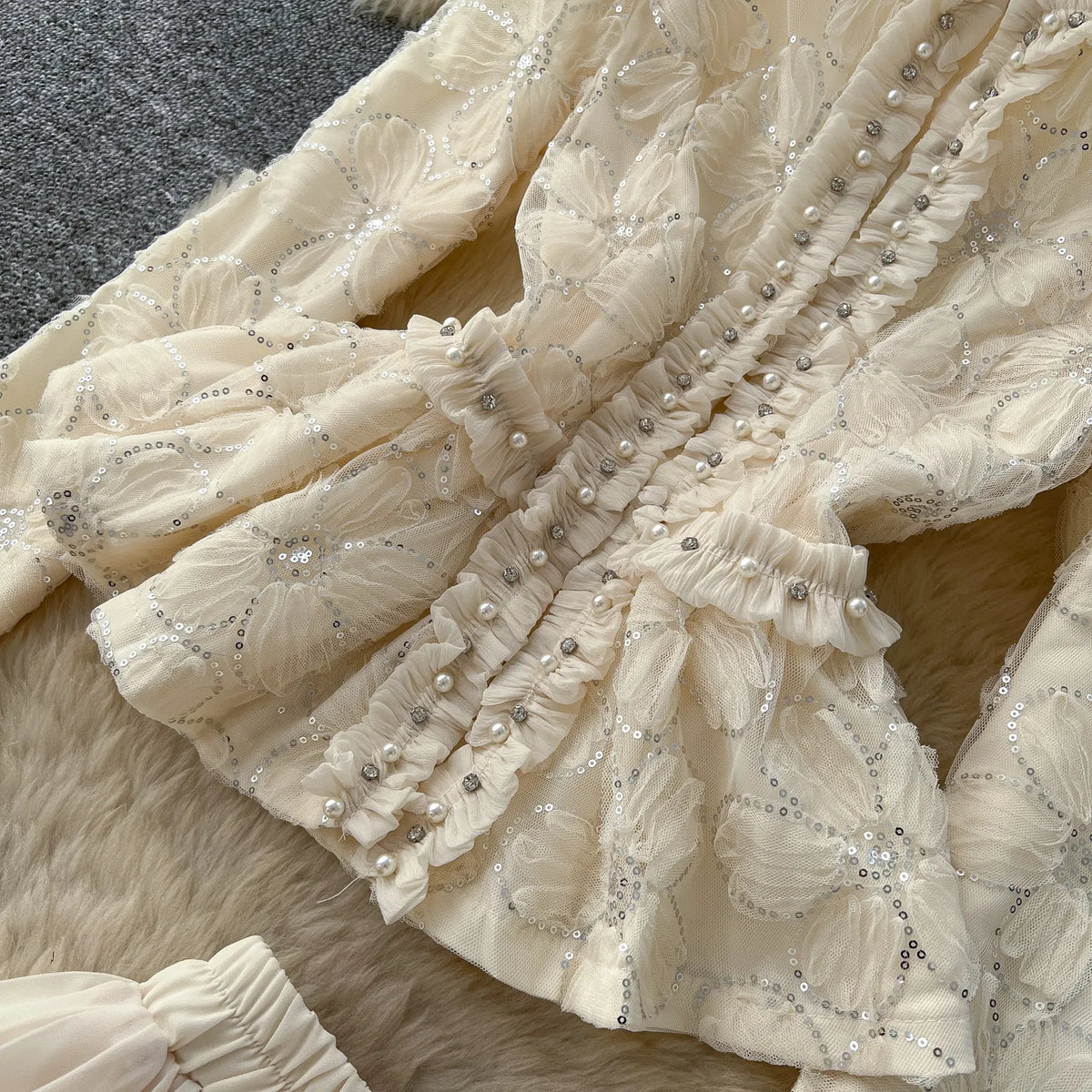 lace beaded embroidery  Elegant Two Pieces Sets Chic Blouse Top with Sweet High Waist  A-line Skirt Vacation Fall Sets