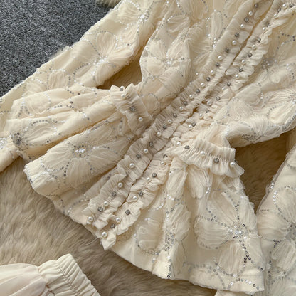 lace beaded embroidery  Elegant Two Pieces Sets Chic Blouse Top with Sweet High Waist  A-line Skirt Vacation Fall Sets