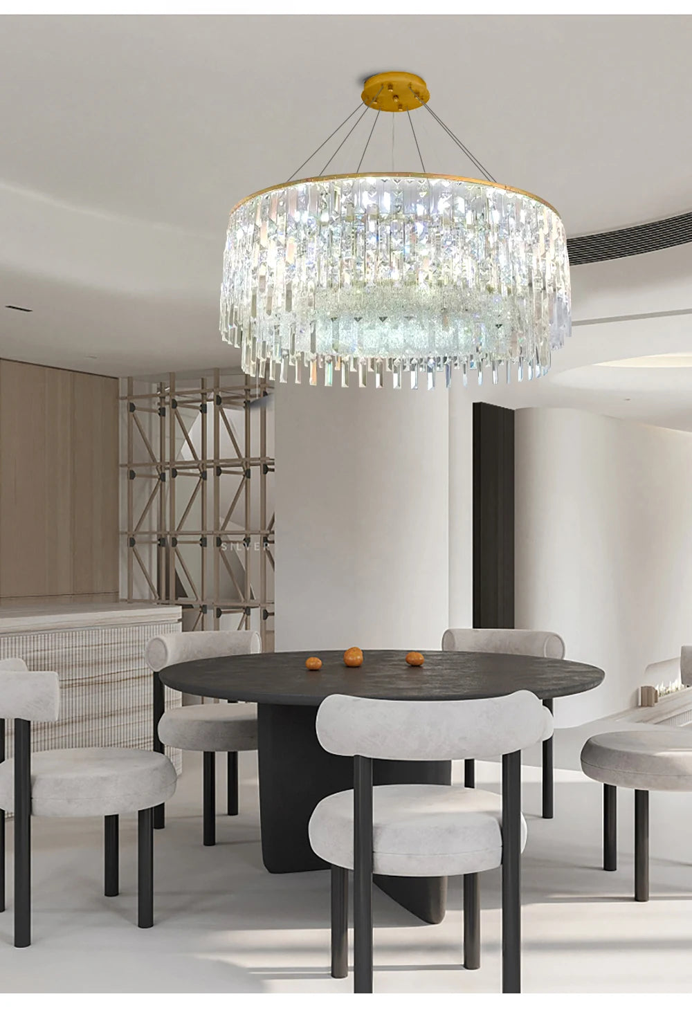 Luxury Crystal Long Pendant Lights Modern Lustres LED Chrome Hanging Lamps for Ceiling Silver Home Decor for Dining Room Remote