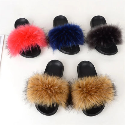 Women's Summer Faux Fur Fox Fur Slippers Fashion Luxury Indoor and Outdoor Non-Slip Solid Color Flat Bottom Furry Sandals