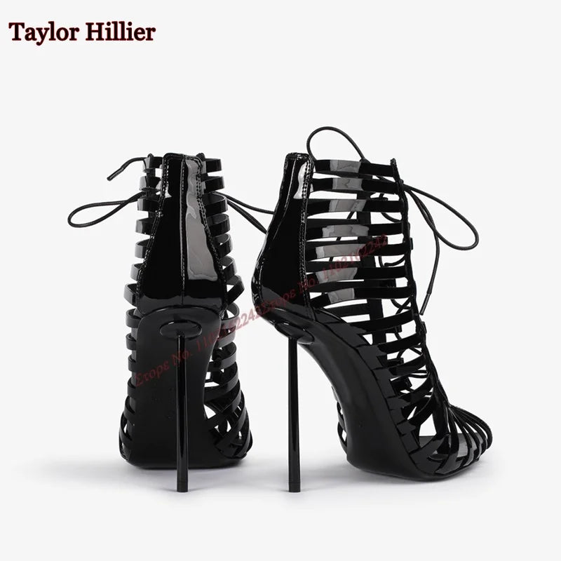 Black Hollow Lace-Up Sandals Pointed Toe Stiletto Back Zipper Breathable High Heel Women'S Boots Fashion Party Modern Boots 43