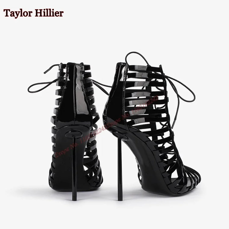 Black Hollow Lace-Up Sandals Pointed Toe Stiletto Back Zipper Breathable High Heel Women'S Boots Fashion Party Modern Boots 43